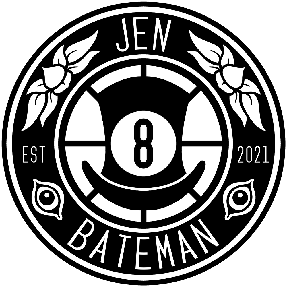 Circular Jen Bateman Logo with Top Hat, Lotus Flowers, Eyes