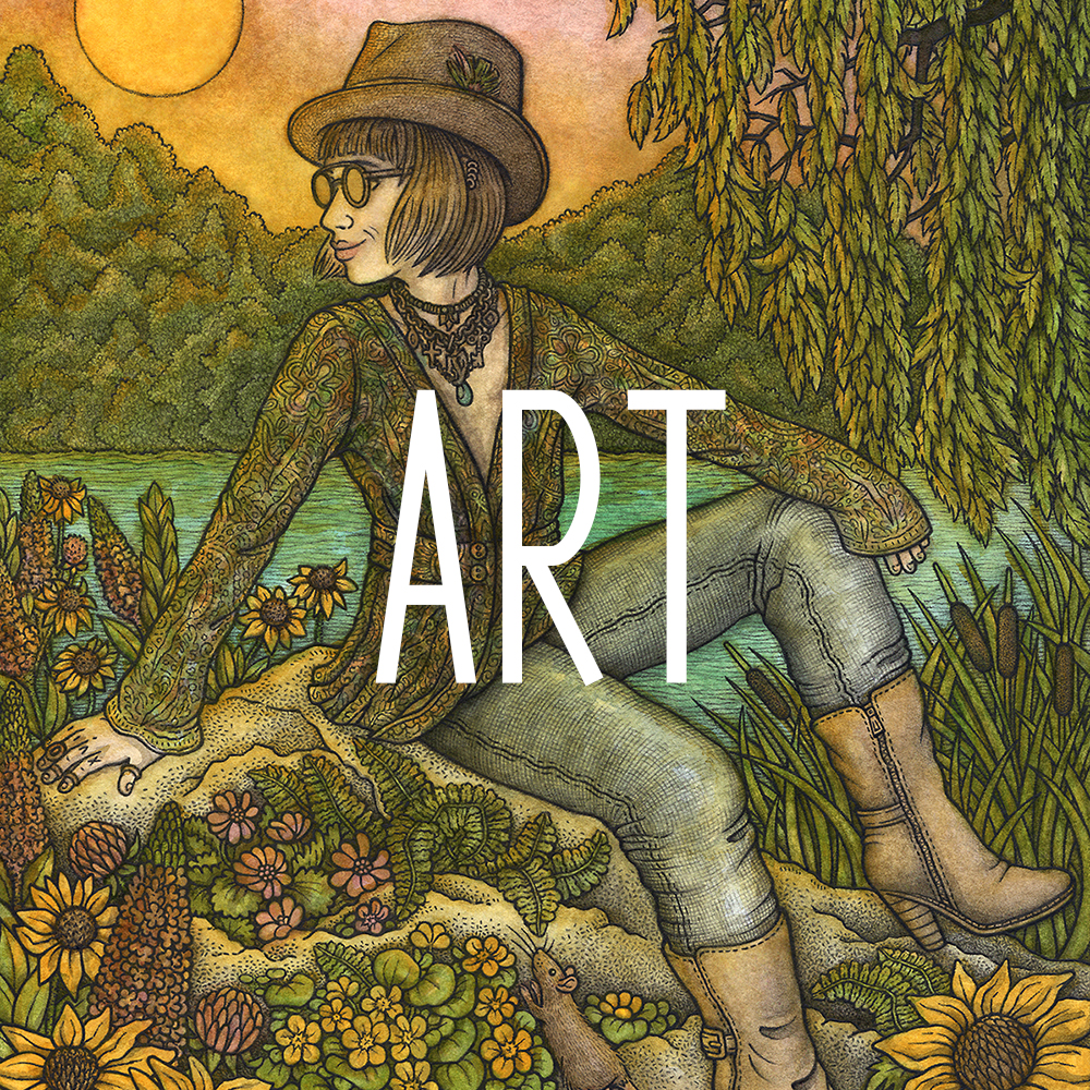 Watercolour and pencil drawing of Jen Bateman sitting in blooming plants alongside Lake Como in Saint Paul, MN.