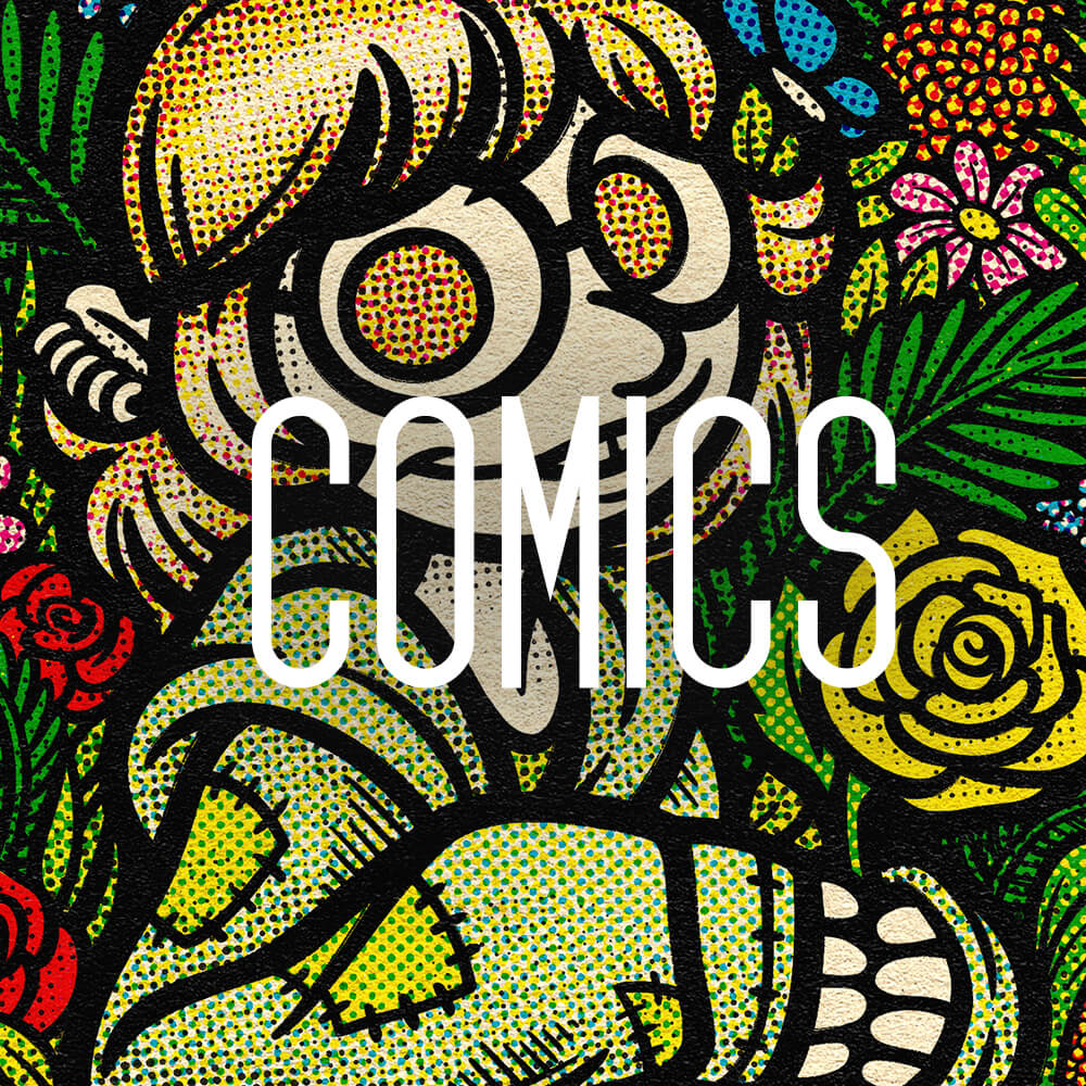 Comic book illustration of Jen Bateman coloured in half-tone patterns.